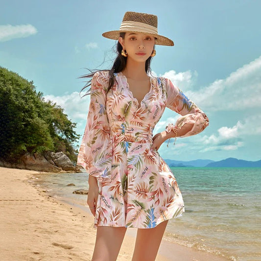 Swimsuit Women Long Sleeve One Piece Printed Monokini Push Up Korean Style Bathing Suit Swim Dress Ruffles Swimwear Underwired - Chrissy's Eye
