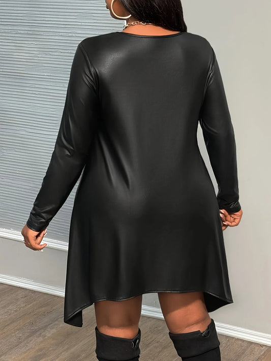Plus size asymmetrical hem long sleeve round neck PU leather women's casual dress - Chrissy's Eye
