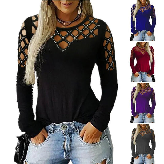 Big Size Women's Hollow Hot Drilling Long Sleeve T-Shirt Tops Women - Chrissy's Eye