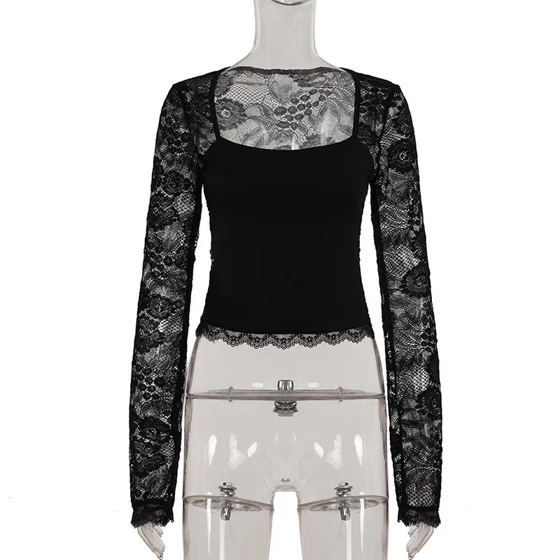 SsTss Solid Slim Sheer Lace Top for Women Fashion Hollow Out Long Sleeve Square Neck Slim Stretch Basic Crop T Shirt for Dating - Chrissy's Eye