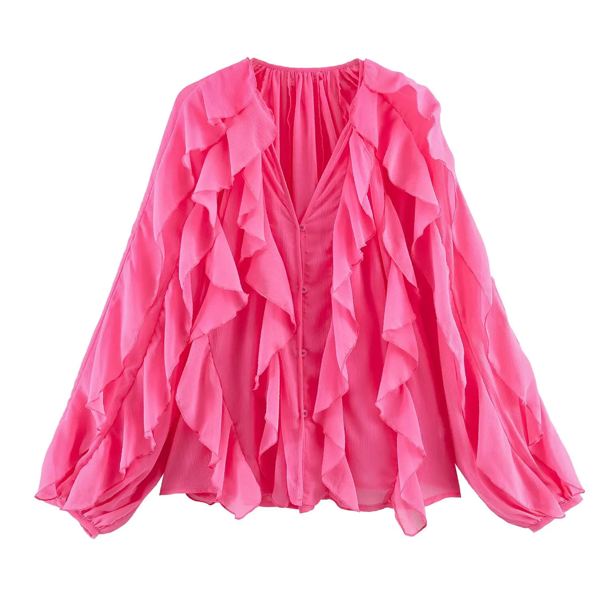 2026 Summer Chic Women's Elegant Loose Long Sleeve Layered Shirts Office Lady Vintage V-neck Translucent Tierred Ruffles Blouses - Chrissy's Eye