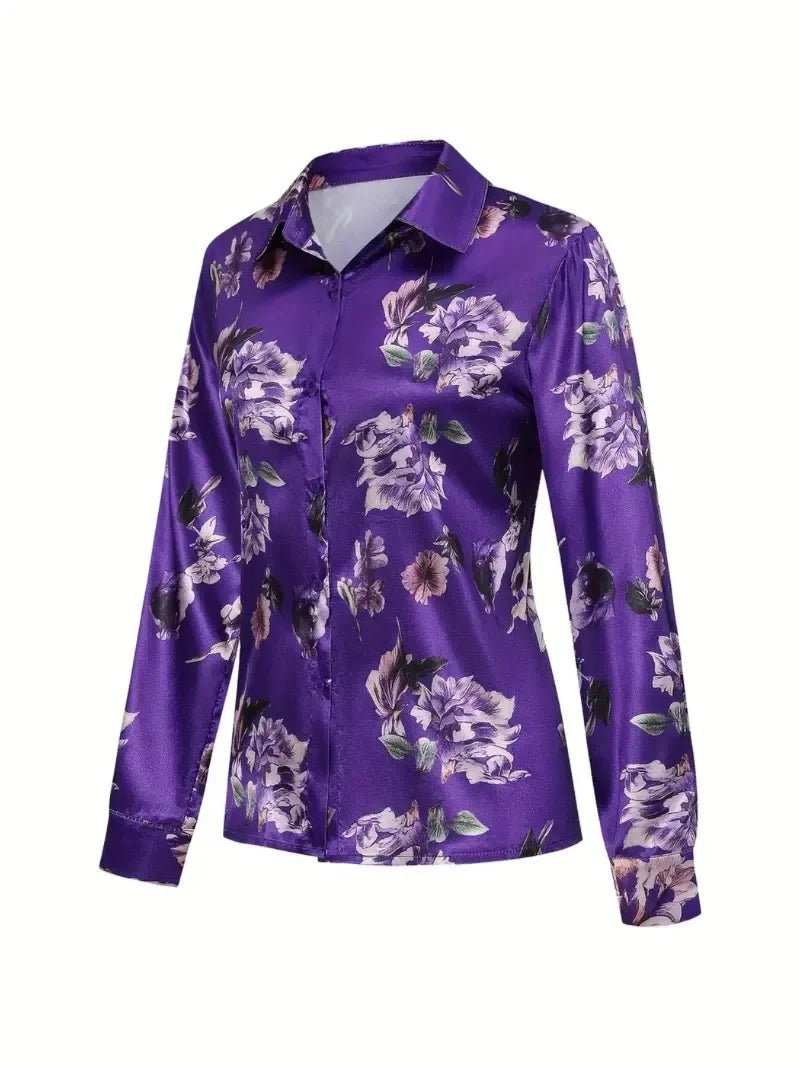 Elegant Intellectual Women's Satin Floral Print Shirt | Soft & Smooth V-Neck Long-Sleeve Button Formal Top for Spring - Chrissy's Eye