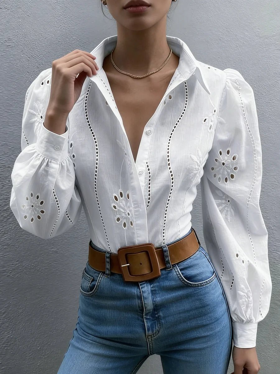 Women's Blouse Spring Summer White Eyelet Embroidery Puff Long Sleeve Valentine's Day Elegant Romantic Casual Vacation Top - Chrissy's Eye