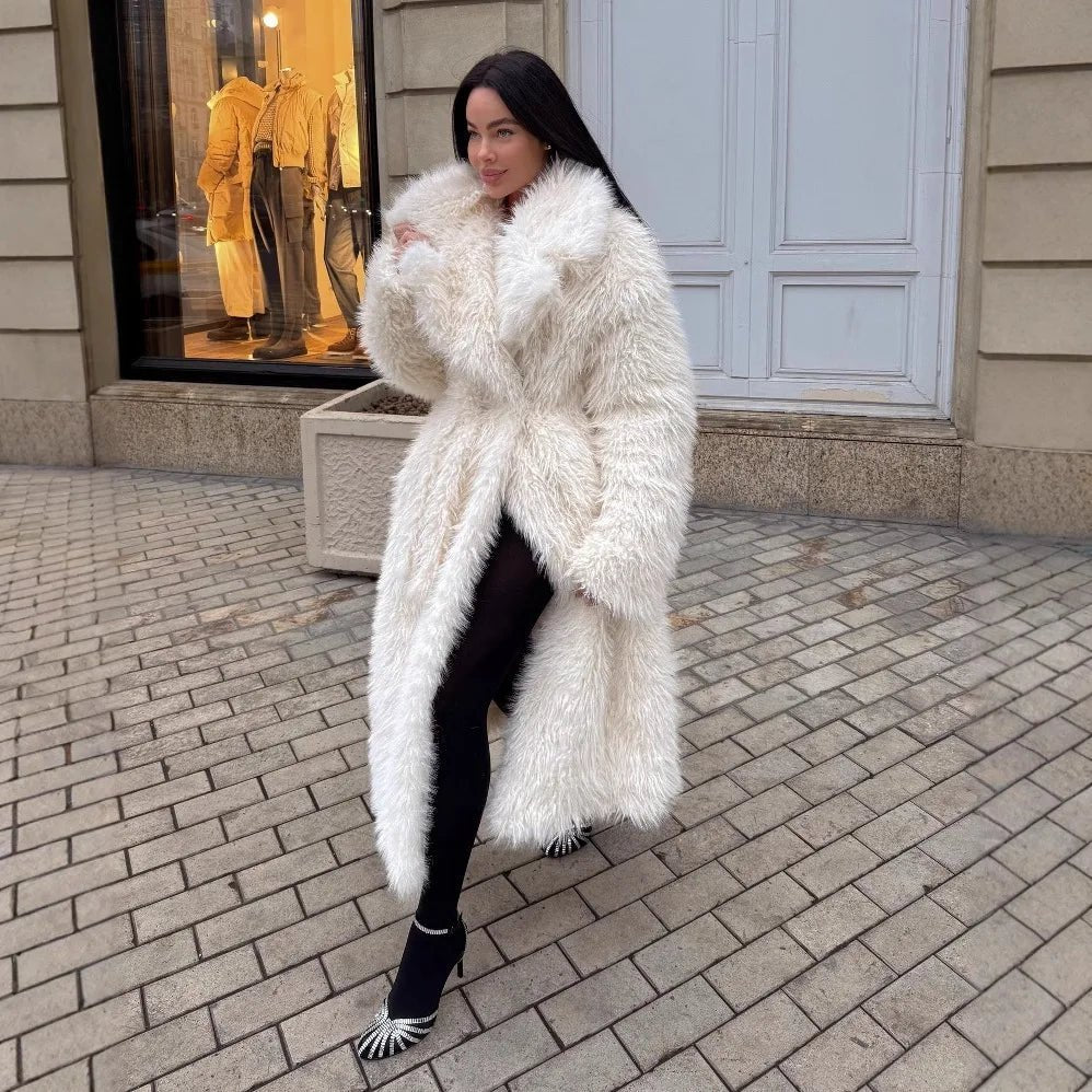 Elegant Women's Mink Fur Overcoat Solid Waist-cinching Fur Coat For Lady Luxury Long Furry - Chrissy's Eye
