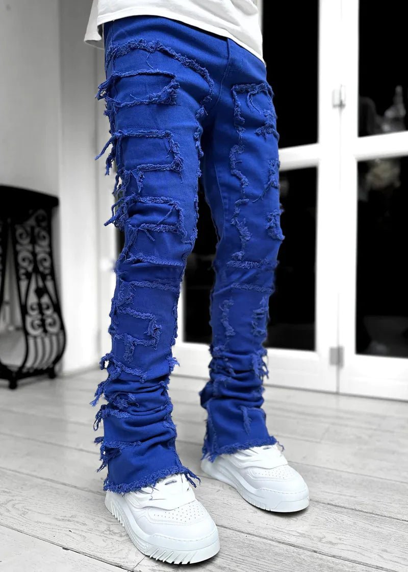 Men's Regular Fit Stacked Jeans Ripped Slim Fit Patch Distressed Destroyed Straight Denim Pants Hip Hop Streetwear Trouser Cloth - Chrissy's Eye
