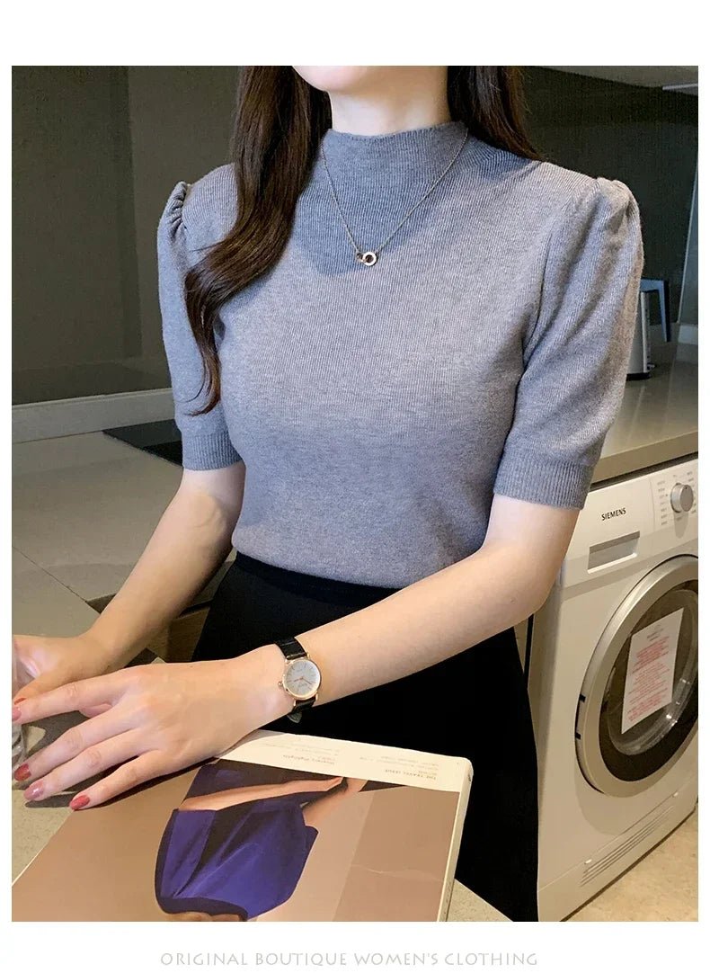 Puff Sleeve Knit Top with Half Turtleneck - Chrissy's Eye