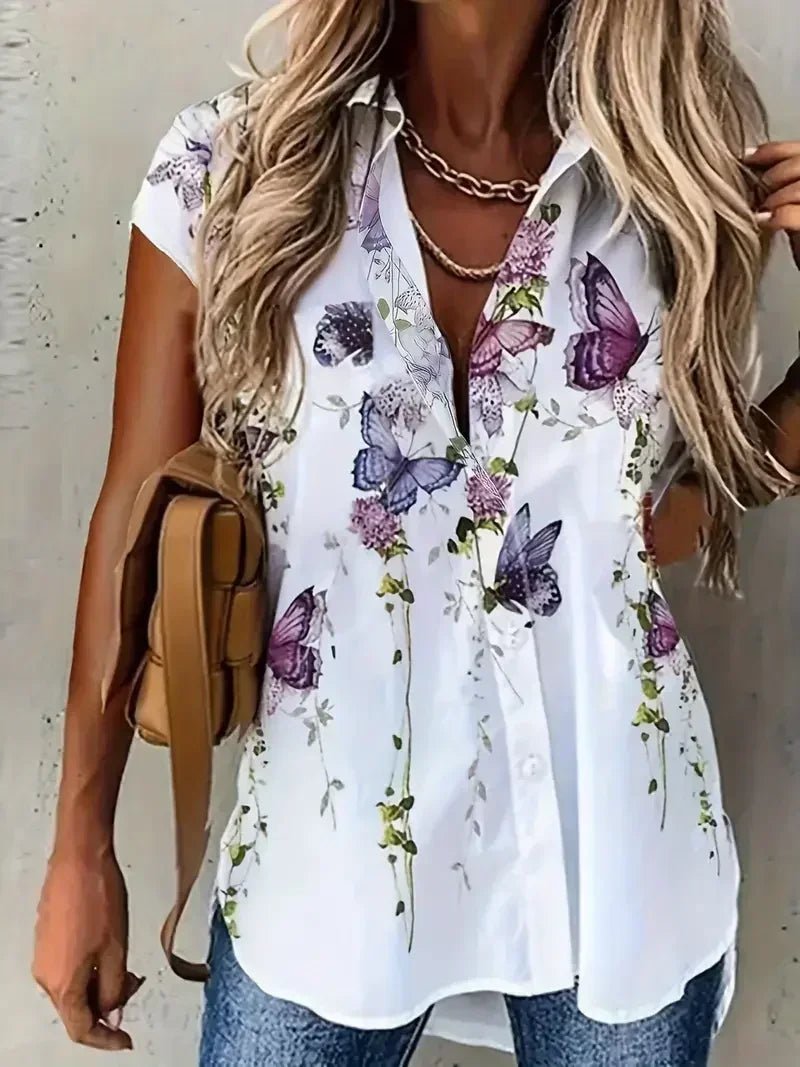 Plus Size 1XL-5XL Women Casual Short Sleeve Buttons Blouse Versatile Butterfly Print Blouse - Chrissy's Eye