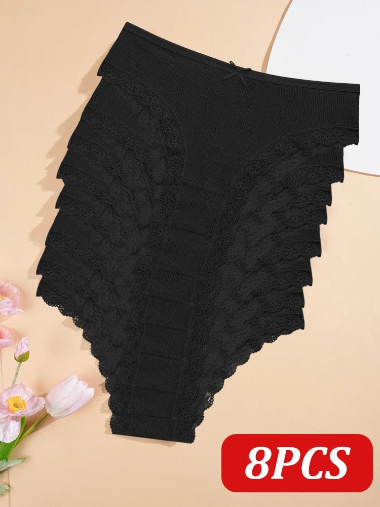 8PCS Women's Cotton Fabric Panties Sexy Lace Bowknot Solid Color Bikini Underpants Fashion Double Straps Comfortable Underwear - Chrissy's Eye