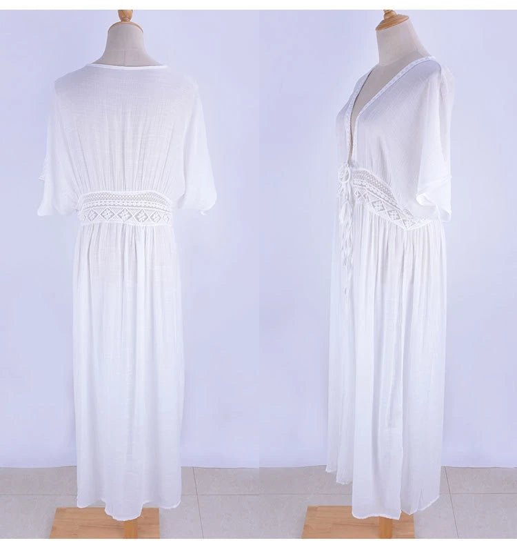Womens Long Lace Cover Up Sheer Bikini Kimono Tie Front Bathing Suit Swimsuit Beachwear - Chrissy's Eye