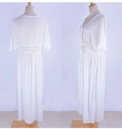 Womens Long Lace Cover Up Sheer Bikini Kimono Tie Front Bathing Suit Swimsuit Beachwear - Chrissy's Eye