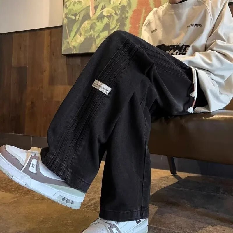 Three bar American retro jeans men's spring and autumn new style high street elastic waist loose casual men's straight leg long - Chrissy's Eye