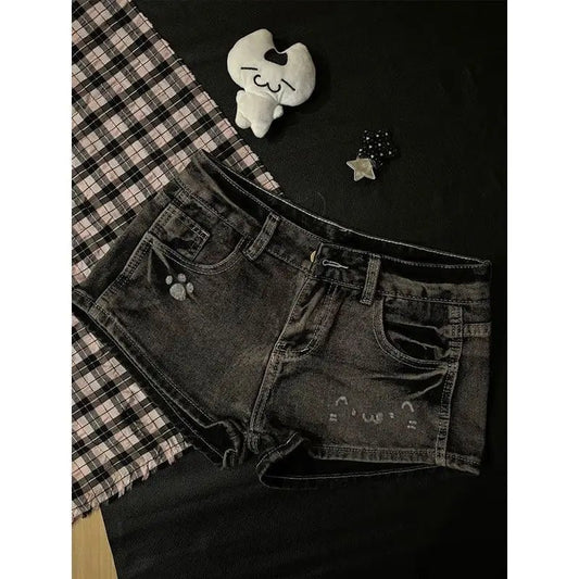 2026 Summer New Cute Hot Diamond Denim Low Waist Super Shorts Female Slim Black Gray Tight Y2k Shorts Hot Pants - Chrissy's Eye