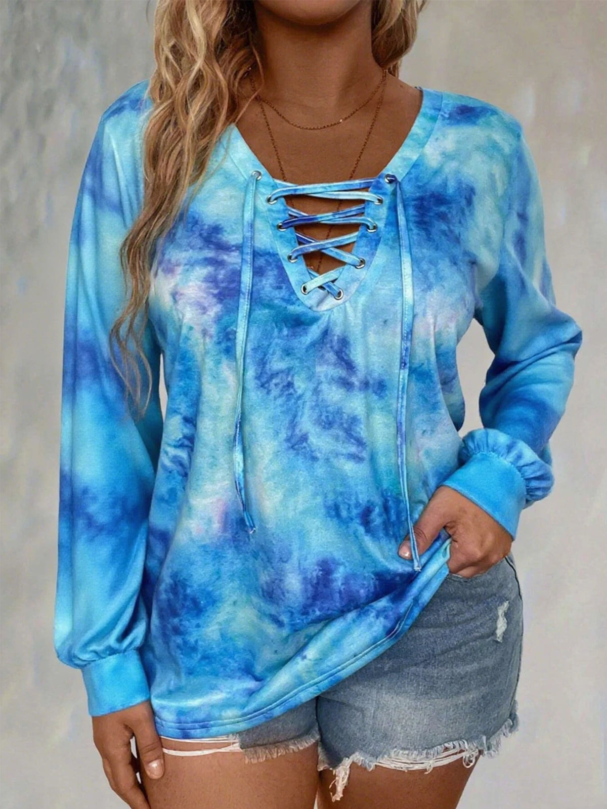 plus size women's tie dye printed long sleeved T-shirt made of polyester knitted fabric elegant lace up casual and comfortable - Chrissy's Eye