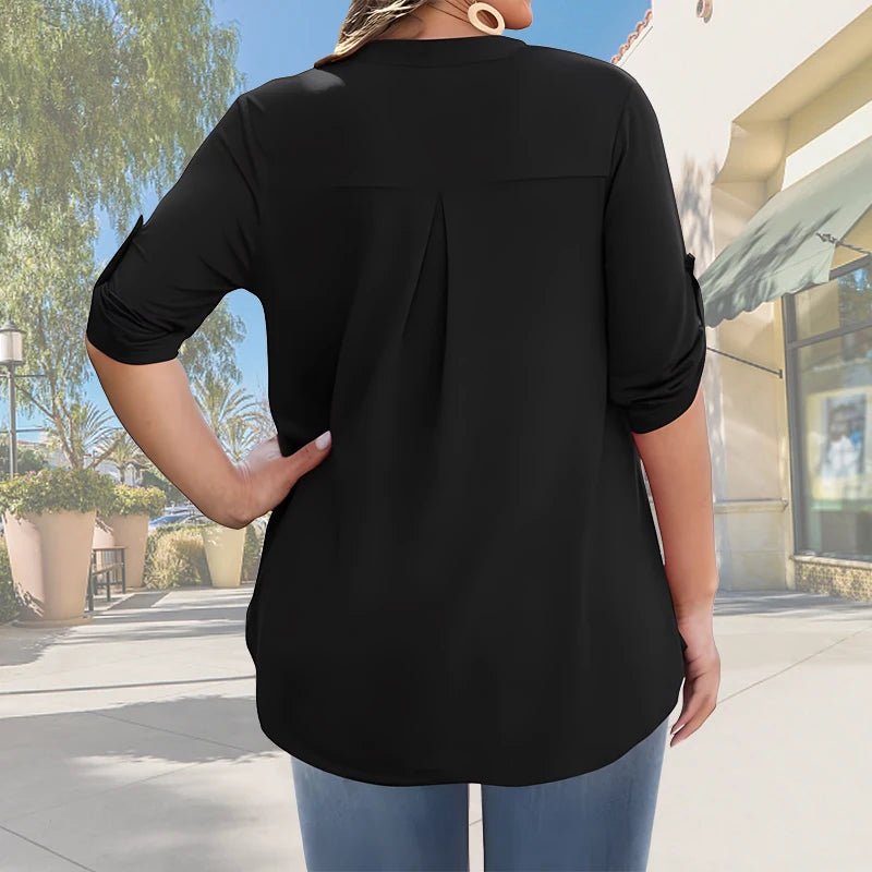 2025 New Women's Plus Size Summer Casual V-Neck Button-Front Blouse - Elegant Loose Fit Short Sleeve Machine Washable Solid - Chrissy's Eye