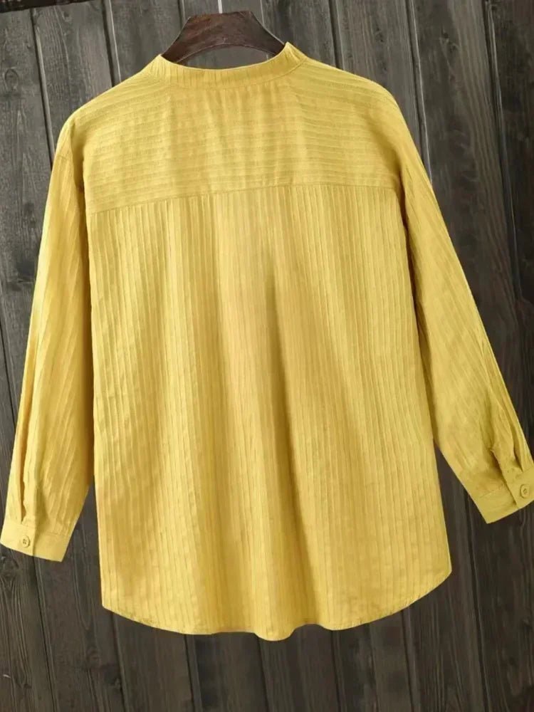 Plus Size Women's Cotton Long Sleeve Loose Casual V-neck Blouse - Chrissy's Eye