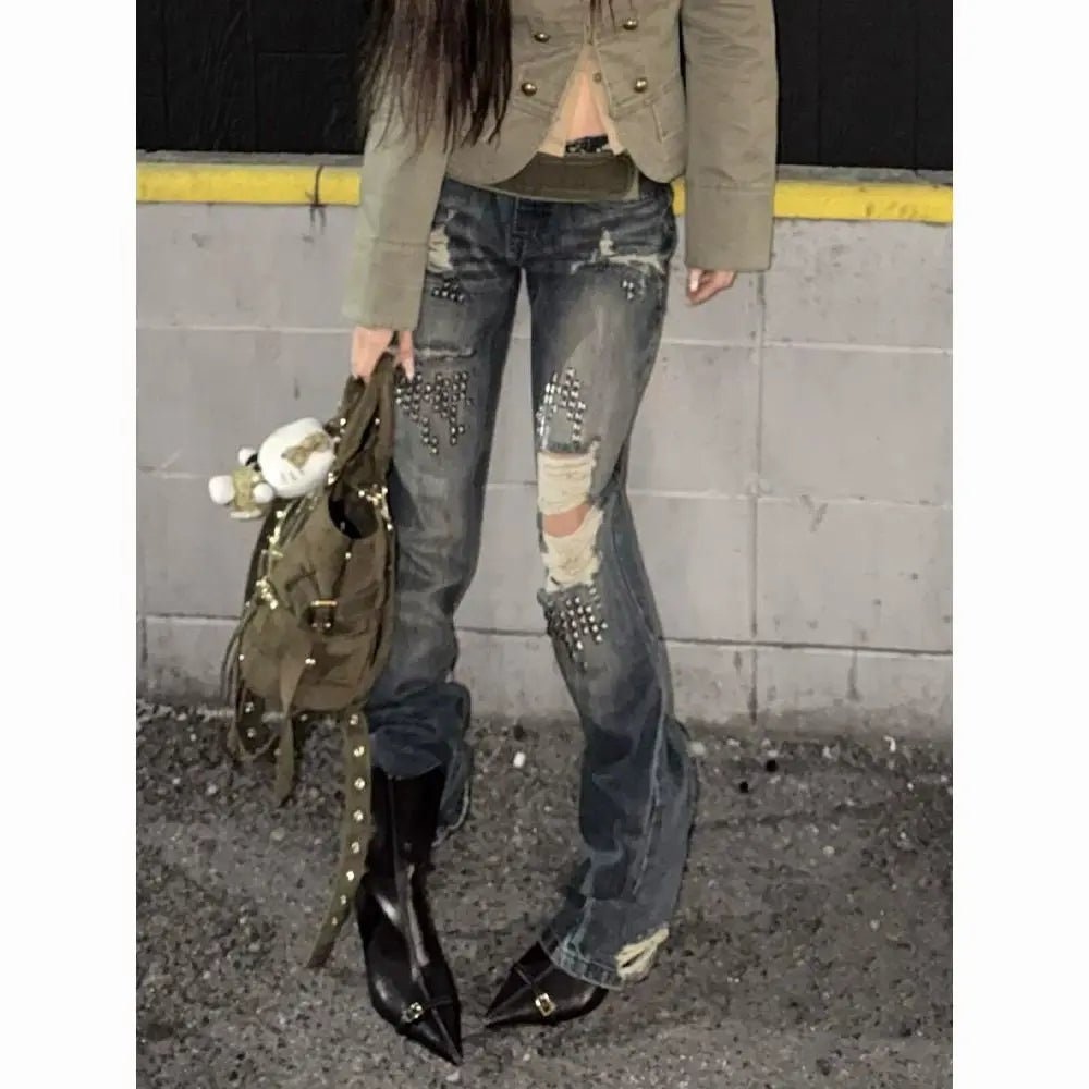 Women Vintage Ripped Y2k Jeans Streetwear American Retro Rivet Hole Design Denim Pants High Street Grunge Trousers Pantalones - Chrissy's Eye