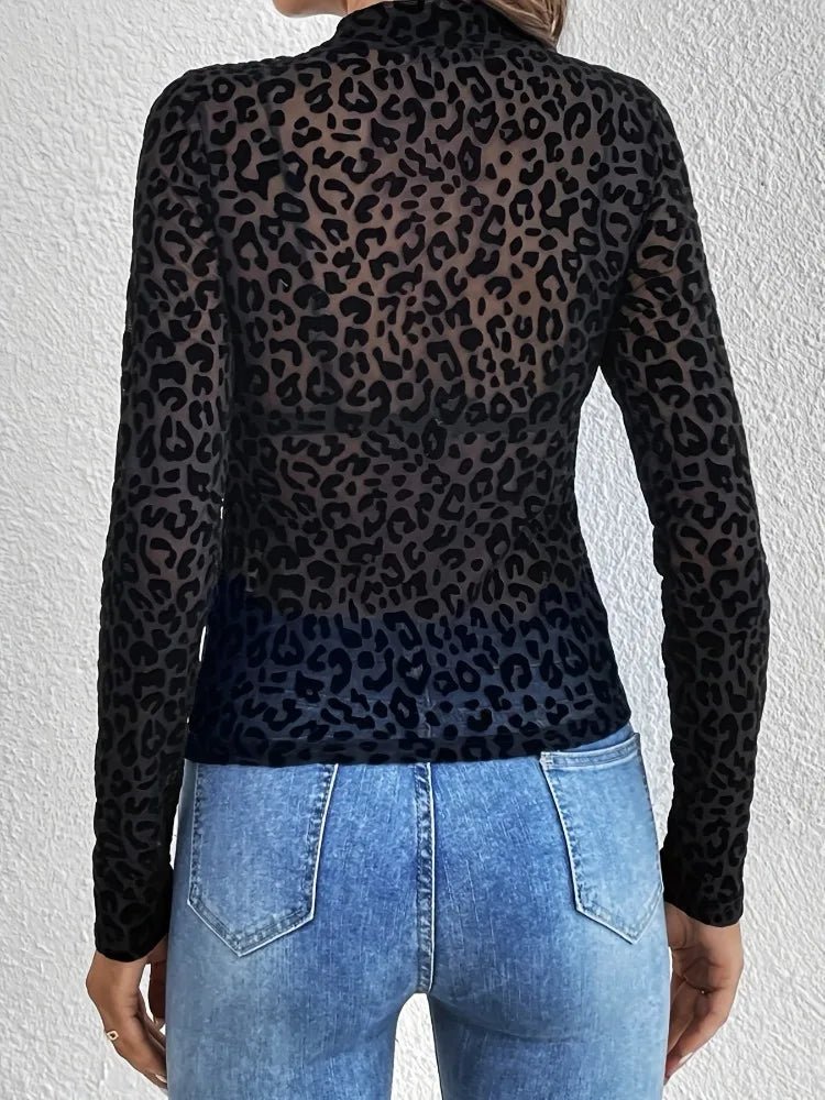 Sheer Mesh Long Sleeve Leopard Print Women's Blouse, Mock Neck, See-Through - Chrissy's Eye