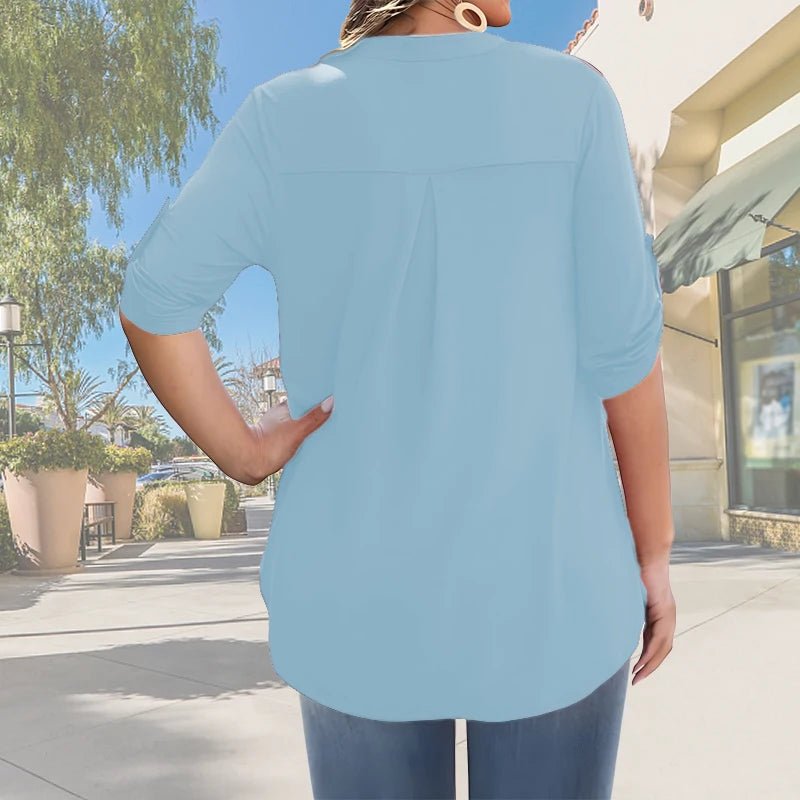 2025 New Women's Plus Size Summer Casual V-Neck Button-Front Blouse - Elegant Loose Fit Short Sleeve Machine Washable Solid - Chrissy's Eye