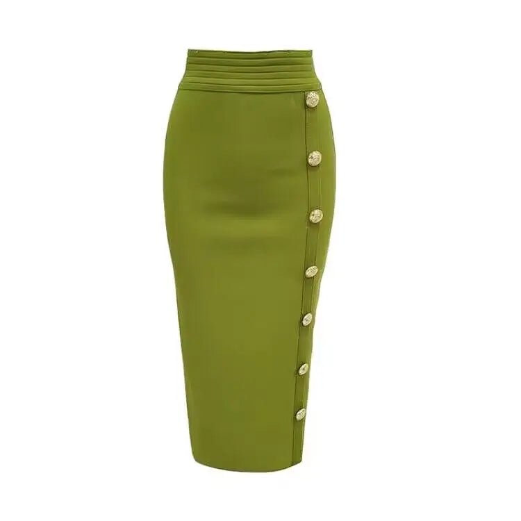 Spring New Women Bandage Skirts Elegant High Waist Midi Calf Gold Buttons Pencil Skirt High Street Office Lady Formal Clothing - Chrissy's Eye