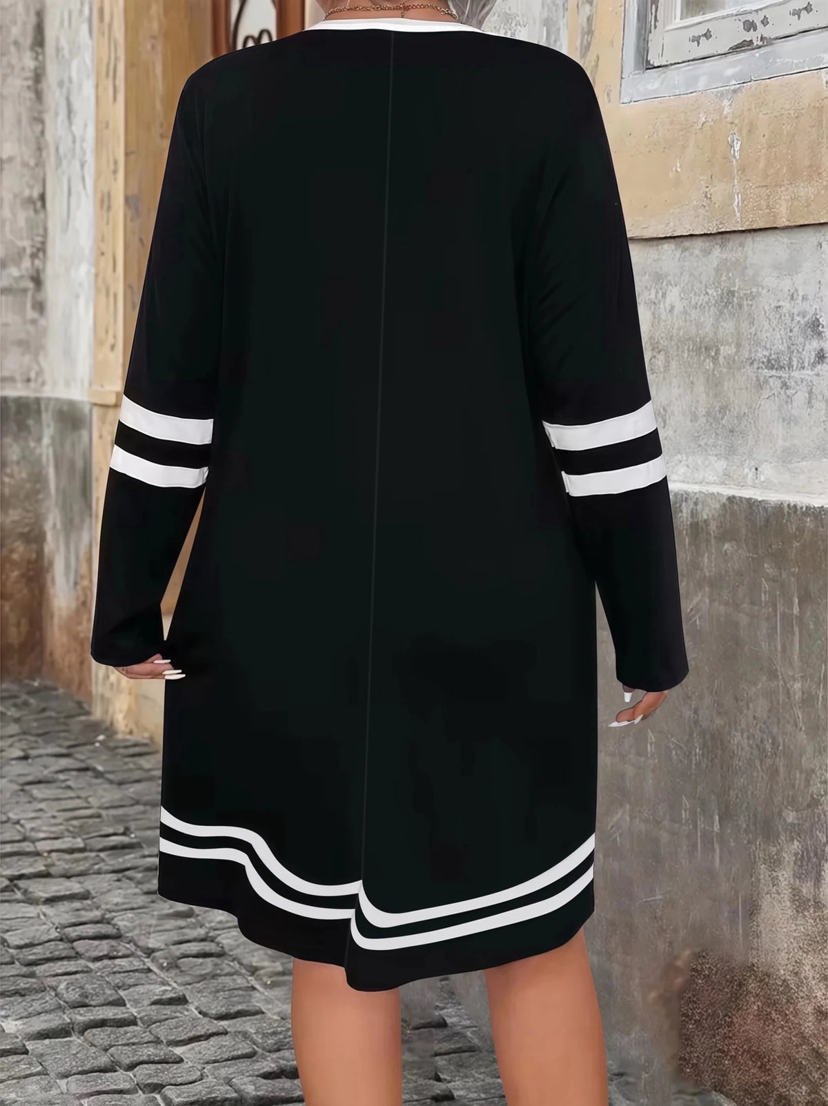 Elegant Striped Print Zip-Neck Versatile Mid-Length Long Sleeve Plus Size Winter Dress for Women - Chrissy's Eye