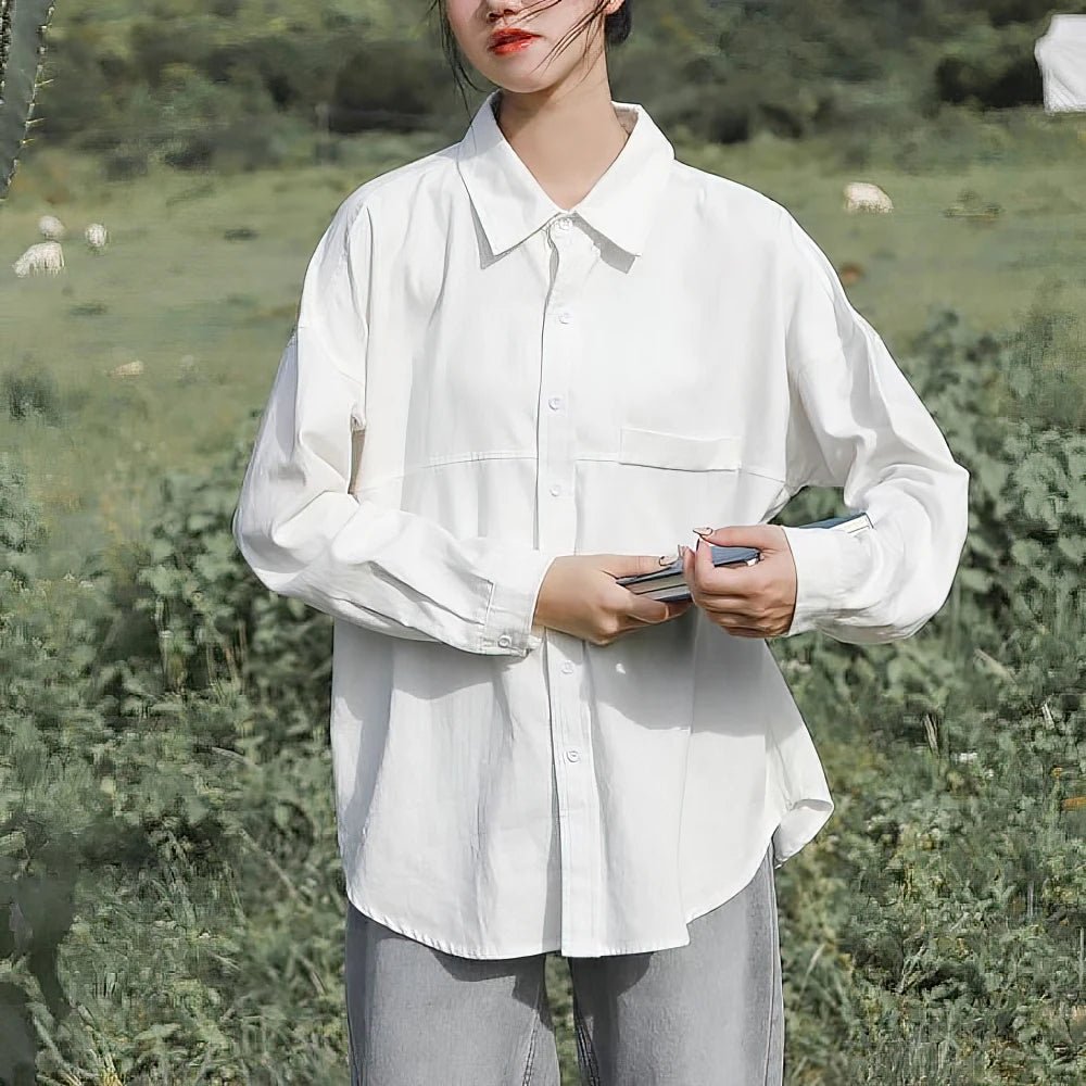 100% Cotton Oversized White Shirt Women Korean Long sleeve Basic Blouse Female Loose Casual Tops Button up Lady Tunic - Chrissy's Eye