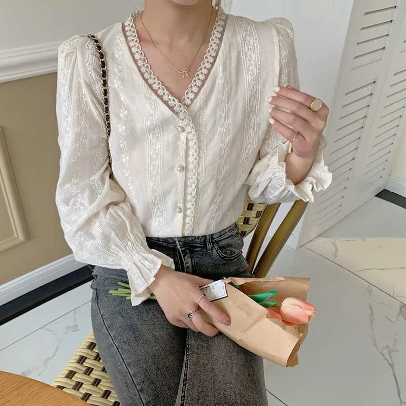 Ele Women's Long Sve Lace irt V-Ne Design Korean Sle Commute Cotton Blend Fabric Pure Color Straight Cut - Chrissy's Eye