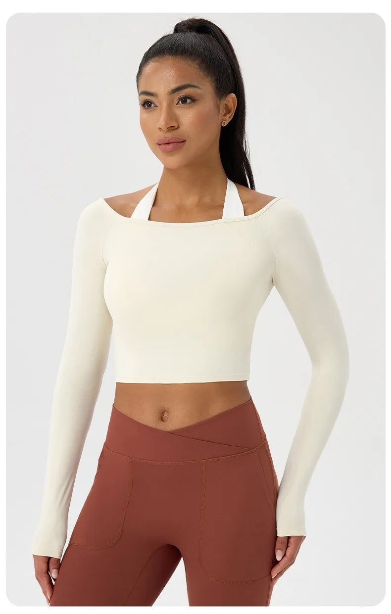 Women Sexy Off Shoulder Yoga Top Long Sleeve Gym Running Top Solid Quick-Dry Sport Workout Shirt - Chrissy's Eye