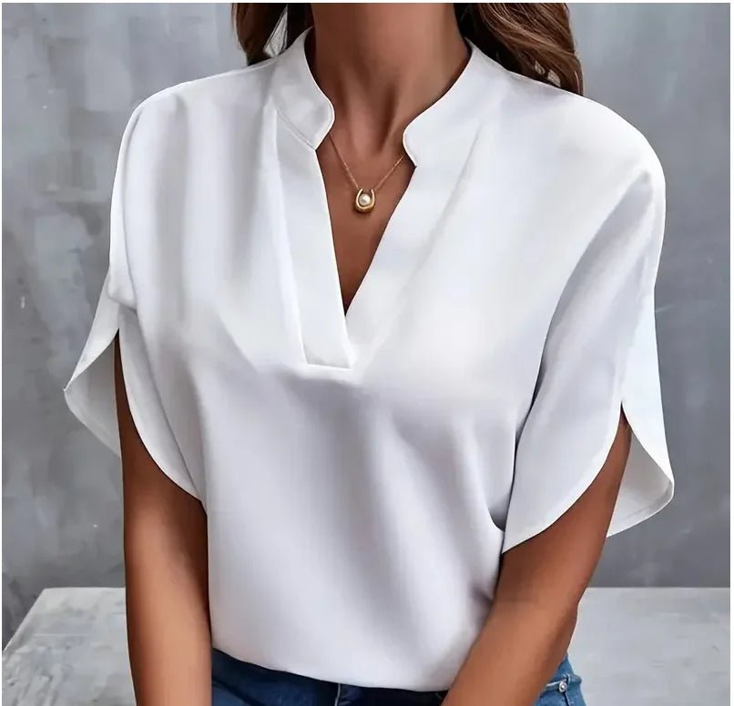 Summer Elegant Women's Blouse New V-neck Short Sleeve Solid Color Loose Shirt Casual White Tops Office Lady Blouses - Chrissy's Eye