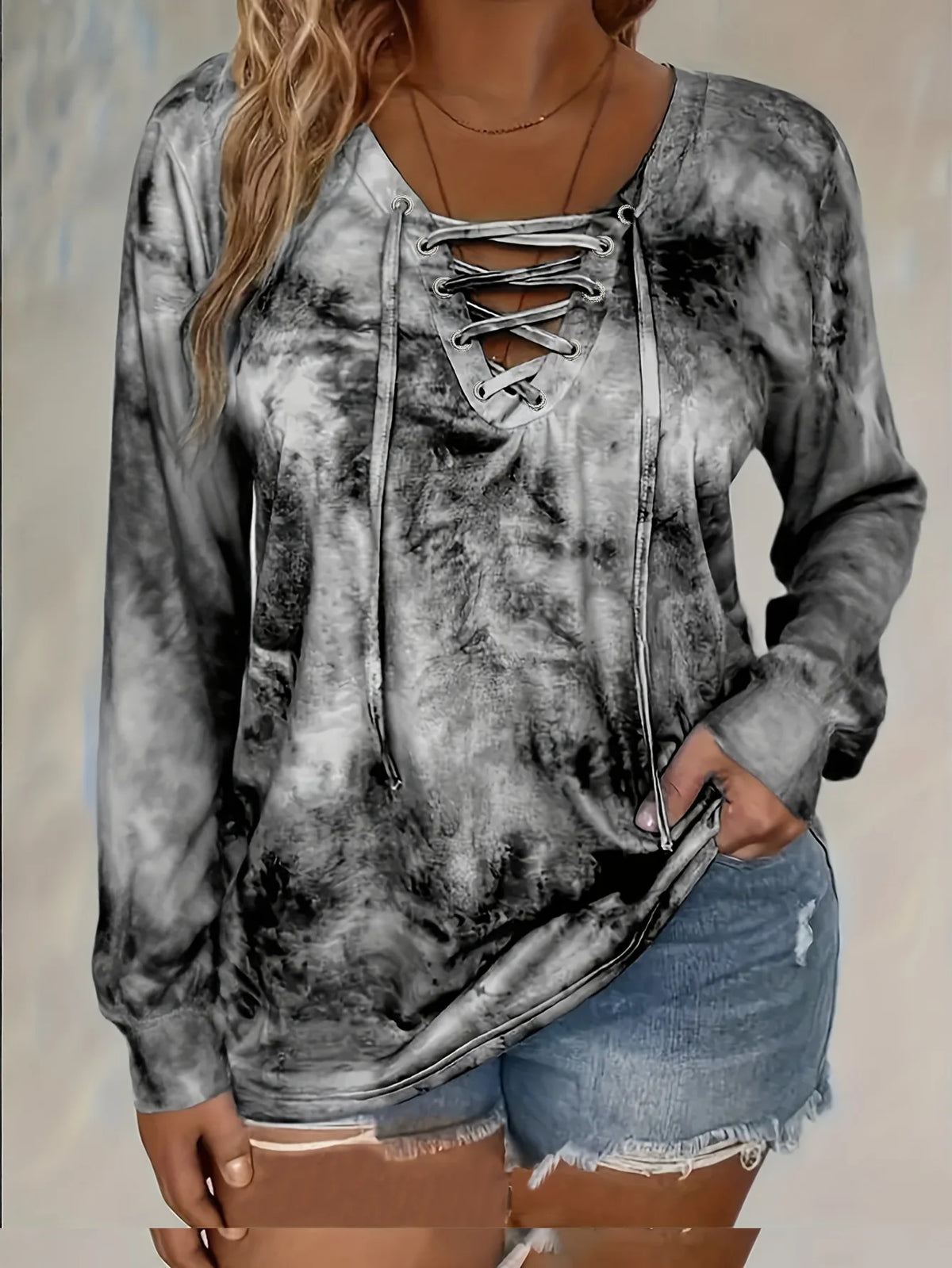 plus size women's tie dye printed long sleeved T-shirt made of polyester knitted fabric elegant lace up casual and comfortable - Chrissy's Eye