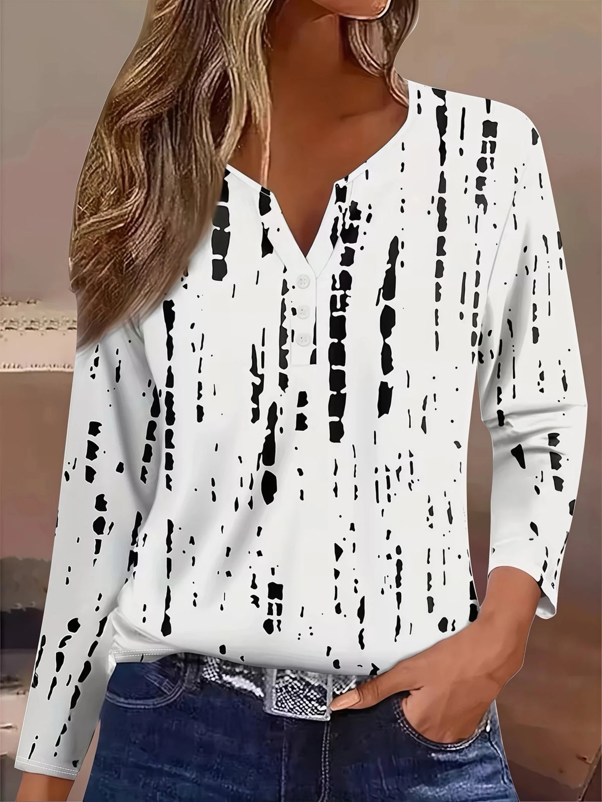 Plus Size Women's Long Sleeve T-Shirt, Comfortable V-Neck Button Down Elegant Blouse with Irregular Stripes - Chrissy's Eye