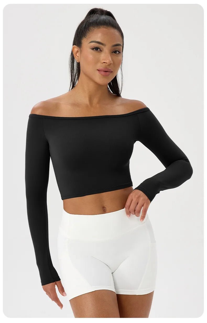 Women Sexy Off Shoulder Yoga Top Long Sleeve Gym Running Top Solid Quick-Dry Sport Workout Shirt - Chrissy's Eye