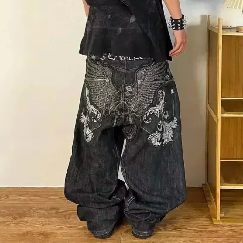 Street Fashion Trend Skull Embroidered Jeans Women Harajuku Y2K New Hip Hop Joker Straight Wide-leg Pants Couple Casual Jeans - Chrissy's Eye