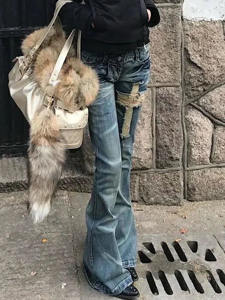 Y2k Aesthetic Women Zipper Denim Pant Spring High Waist Vintage Hollow Out Hole Harajuku Pants Streetwear Grunge Flared Trousers - Chrissy's Eye