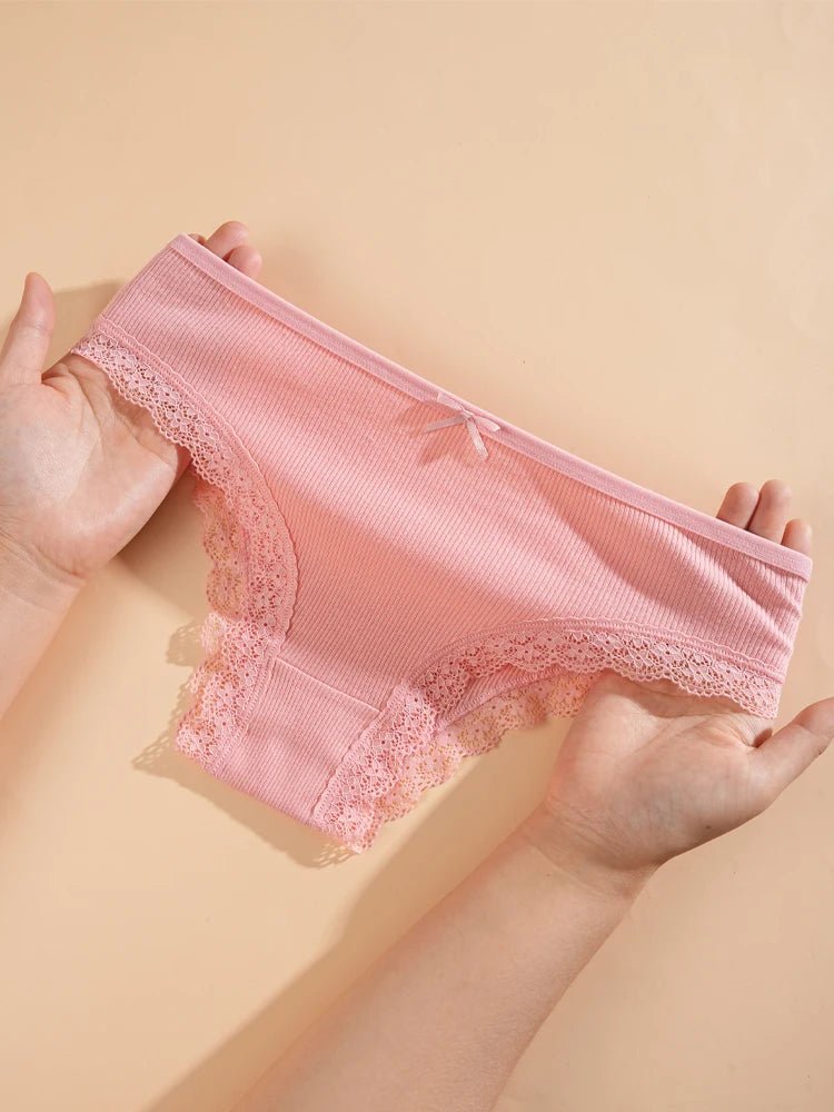 8PCS Women's Cotton Fabric Panties Sexy Lace Bowknot Solid Color Bikini Underpants Fashion Double Straps Comfortable Underwear - Chrissy's Eye