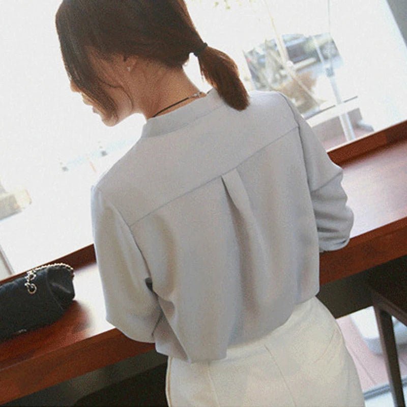 Korean Solid Color V-neck Long Sleeve Lady Chiffon Shirt Spring Autumn Elegant Simple Loose Fit Women's Commuting Shirt New 128 - Chrissy's Eye