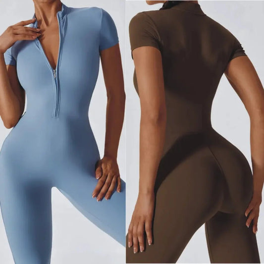 Naked zipper short sleeved yoga suit jumpsuit, quick drying breathable outdoor sports tight fitting jumpsuit, fitness suit - Chrissy's Eye