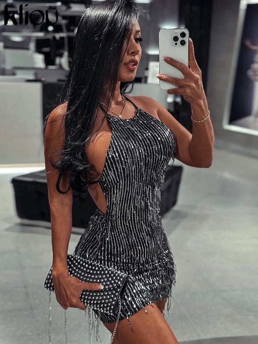 Kliou Tassel Patchwork Shiny Mini Dress Women Halter Bandage Stunning Backless Sleeveless Skinny Vestido Female Party Clubwear - Chrissy's Eye