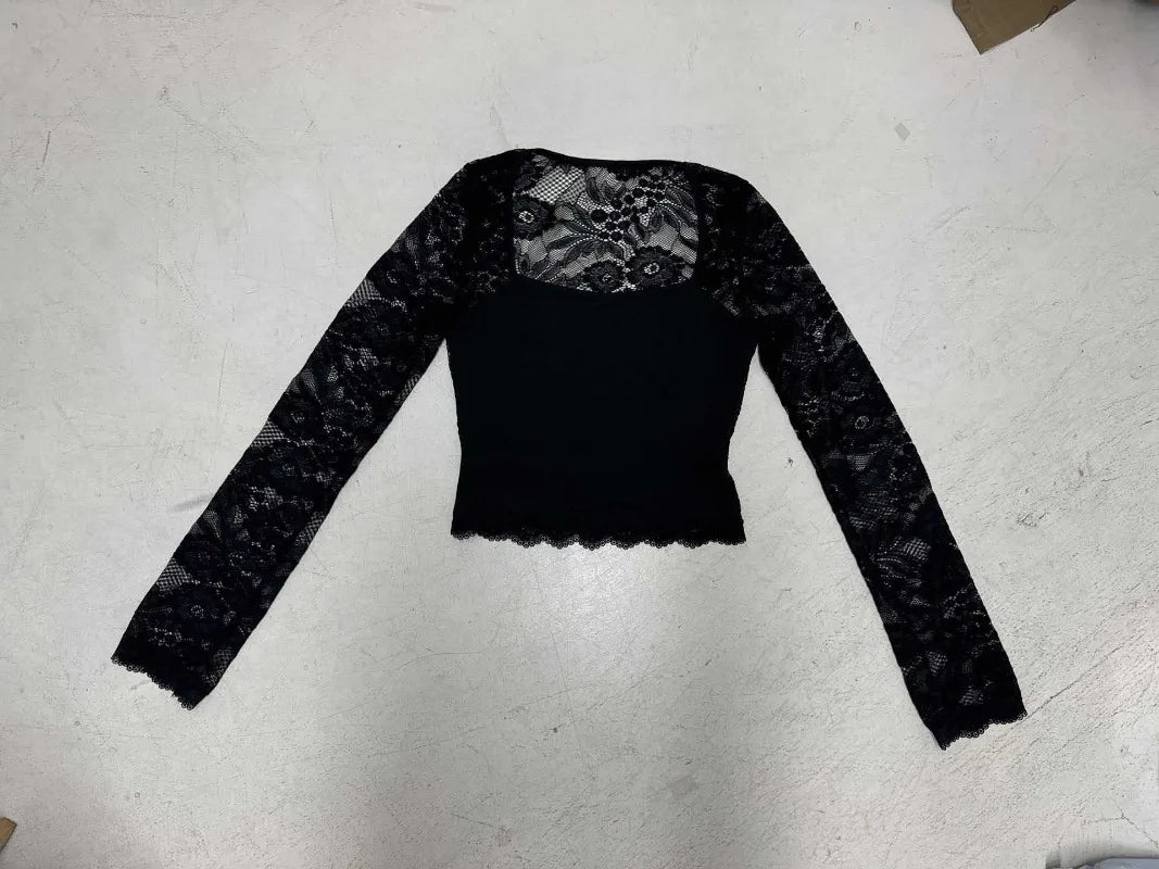 SsTss Solid Slim Sheer Lace Top for Women Fashion Hollow Out Long Sleeve Square Neck Slim Stretch Basic Crop T Shirt for Dating - Chrissy's Eye