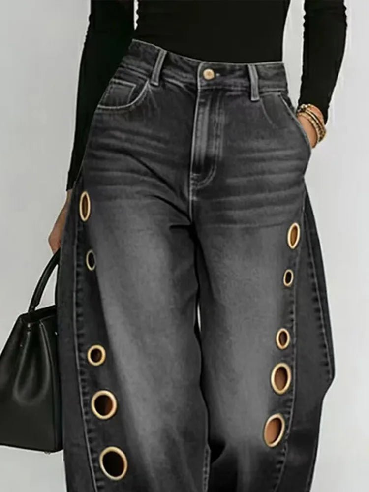DFCF Vintage Jeans Women Fashion Casual Streetwear Jeans Y2k Loose Pockets Hollow Out Wide Leg Pants 2026 New All Season Jeans - Chrissy's Eye