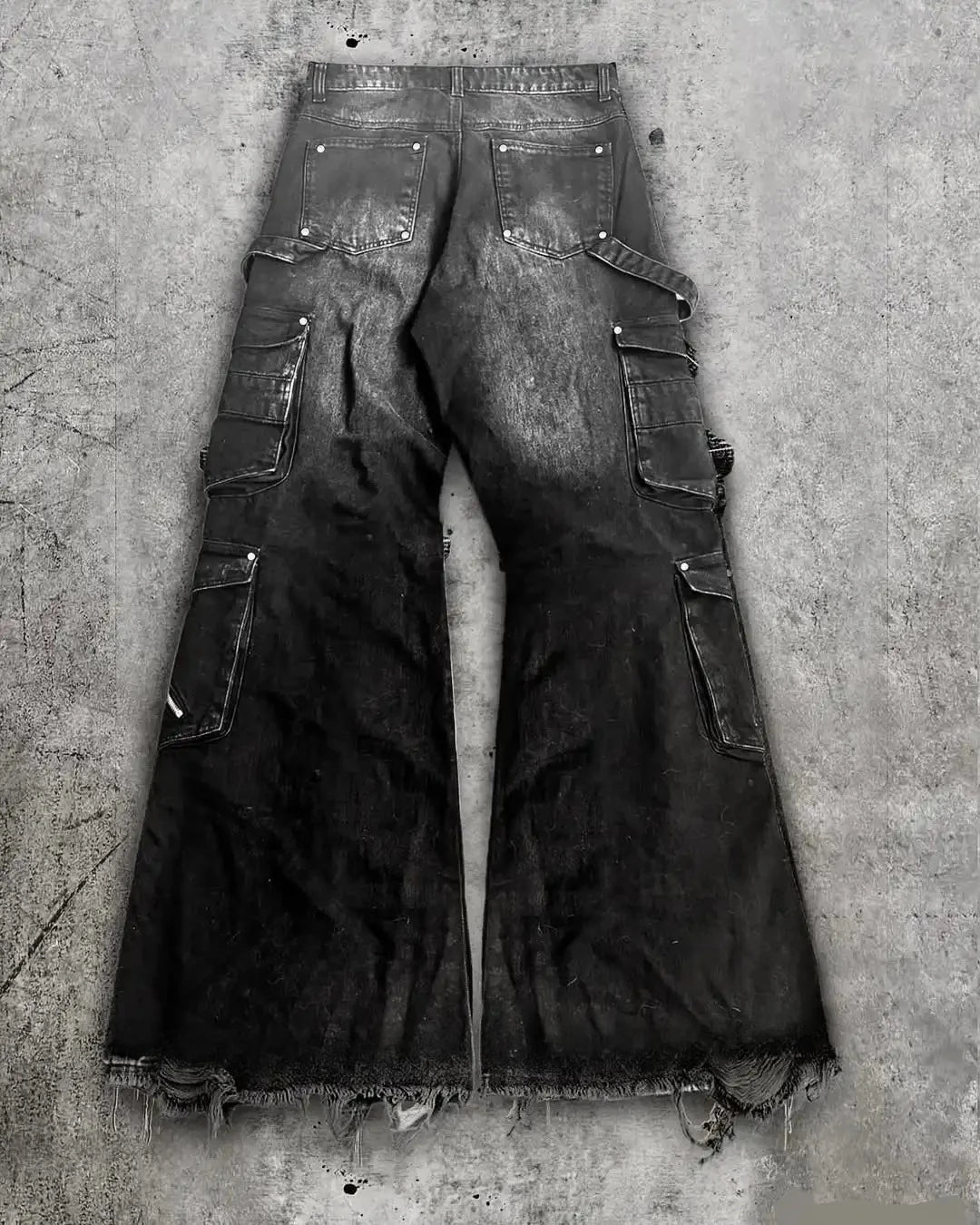Streetwear Goth Punk Multi-Pocket Cargo Jeans Mens Black Distressed Flared Denim Pants with Straps Zippers Studs Frayed Edges - Chrissy's Eye