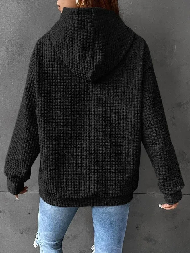 Women's hooded sweatshirt spring and autumn style waffle fashion beautiful solid color hooded drawstring loose sweatshirt - Chrissy's Eye
