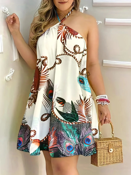 Plus Size Dresses For Woman 2023 Sexy Sleeveless Backless Short Mini Dress Loose Halter Neck Print Beach Sundress Floral Vestido - Chrissy's Eye