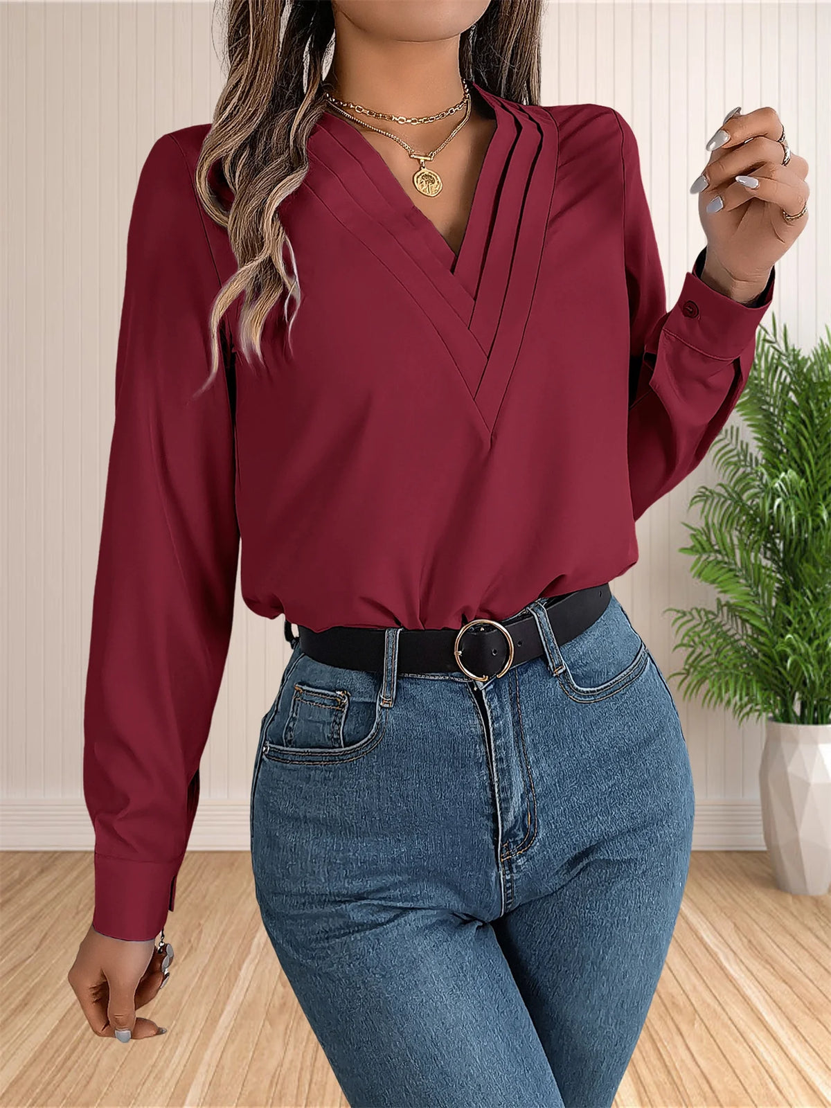 Women's Elegant Business Office Blouse Layered V Neck Long Sleeve Dressy Shirts Work Tops - Chrissy's Eye