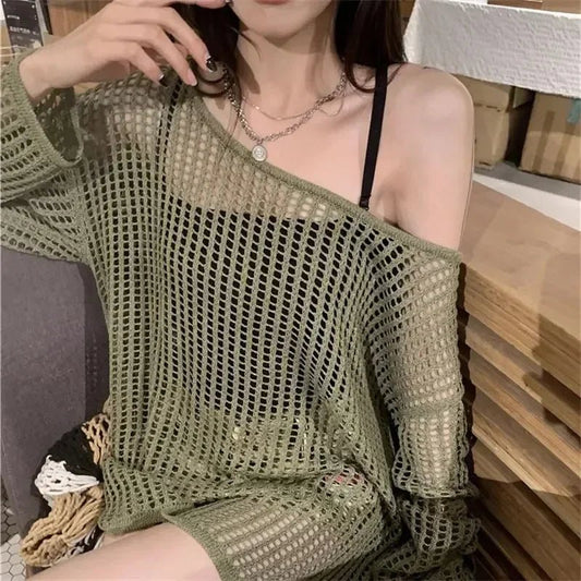 Hollow Out Crop Top Knitted Retro Long Sleeve T Shirt Women Summer Sun Protection Breathable Cardigans Patched Tee - Chrissy's Eye