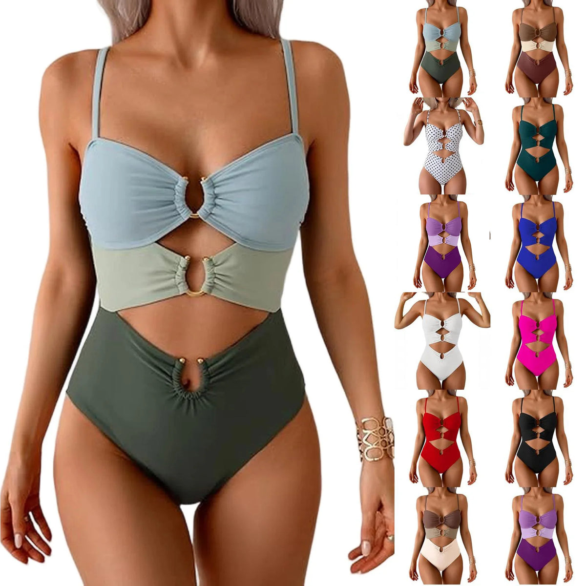 Sexy Cutout Swimsuit Solid Color Summer Spaghetti Strap Color Block Ring Detail One Piece Beach High Cut Bathing Suit - Chrissy's Eye