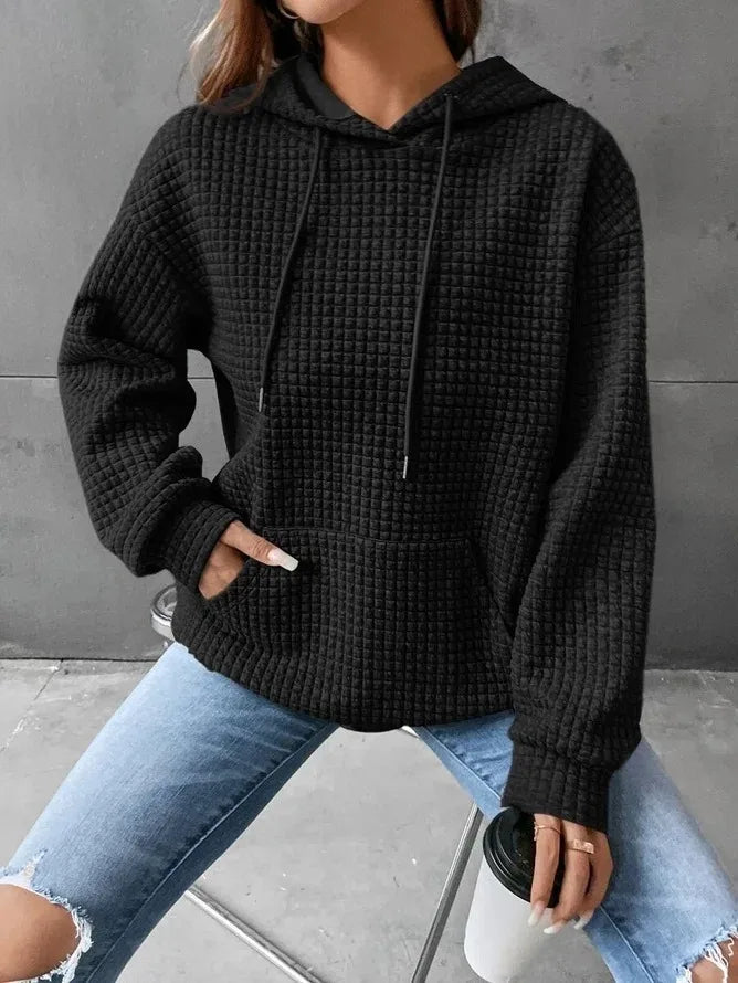 Women's hooded sweatshirt spring and autumn style waffle fashion beautiful solid color hooded drawstring loose sweatshirt - Chrissy's Eye