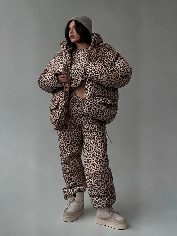 Fashion Leopard Print Women's Cotton Coat Trouser Suits Hooded Zippers Thicken Lady Set 2026 Autumn Winter Female Outfits New - Chrissy's Eye