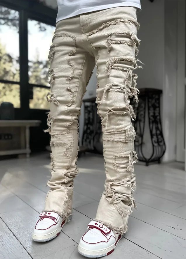 Men's Regular Fit Stacked Jeans Ripped Slim Fit Patch Distressed Destroyed Straight Denim Pants Hip Hop Streetwear Trouser Cloth - Chrissy's Eye