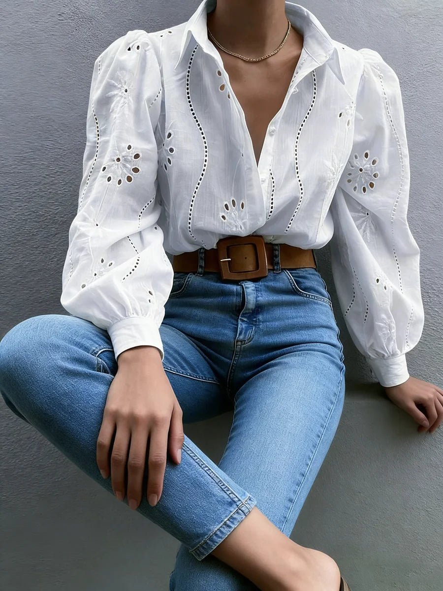 Women's Blouse Spring Summer White Eyelet Embroidery Puff Long Sleeve Valentine's Day Elegant Romantic Casual Vacation Top - Chrissy's Eye