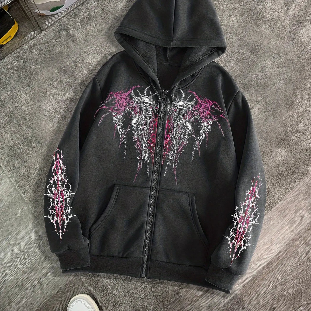 Men's Gothic Dark Print Zipper Hooded Casual Sports Sweatshirt Zipper Jacket Autumn and Winter New Casual Retro Street Style Top - Chrissy's Eye